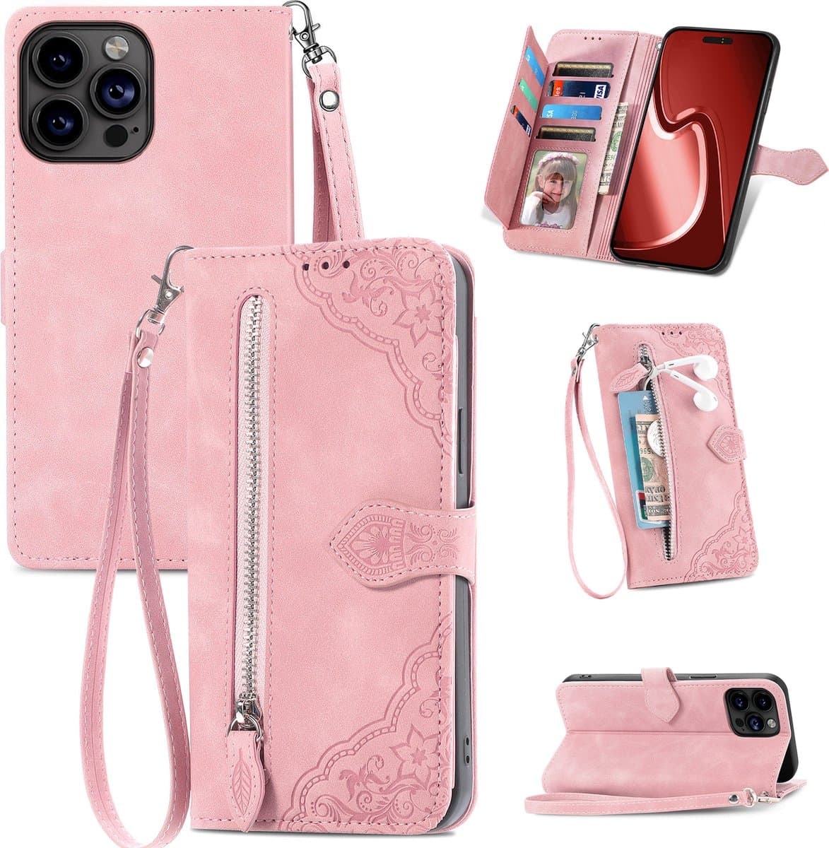 Hoesje geschikt voor Samsung Galaxy A22 4G - Bookcase - Koord - Pasjeshouder - Portemonnee - Bloemenpatroon - Kunstleer - Roze
