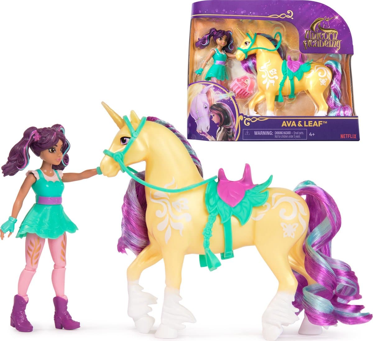Unicorn Academy Pop Ava & Eenhoorn Leaf - Met 2 rijaccessoires en borstel - 12,7 cm - Speelfigurenset