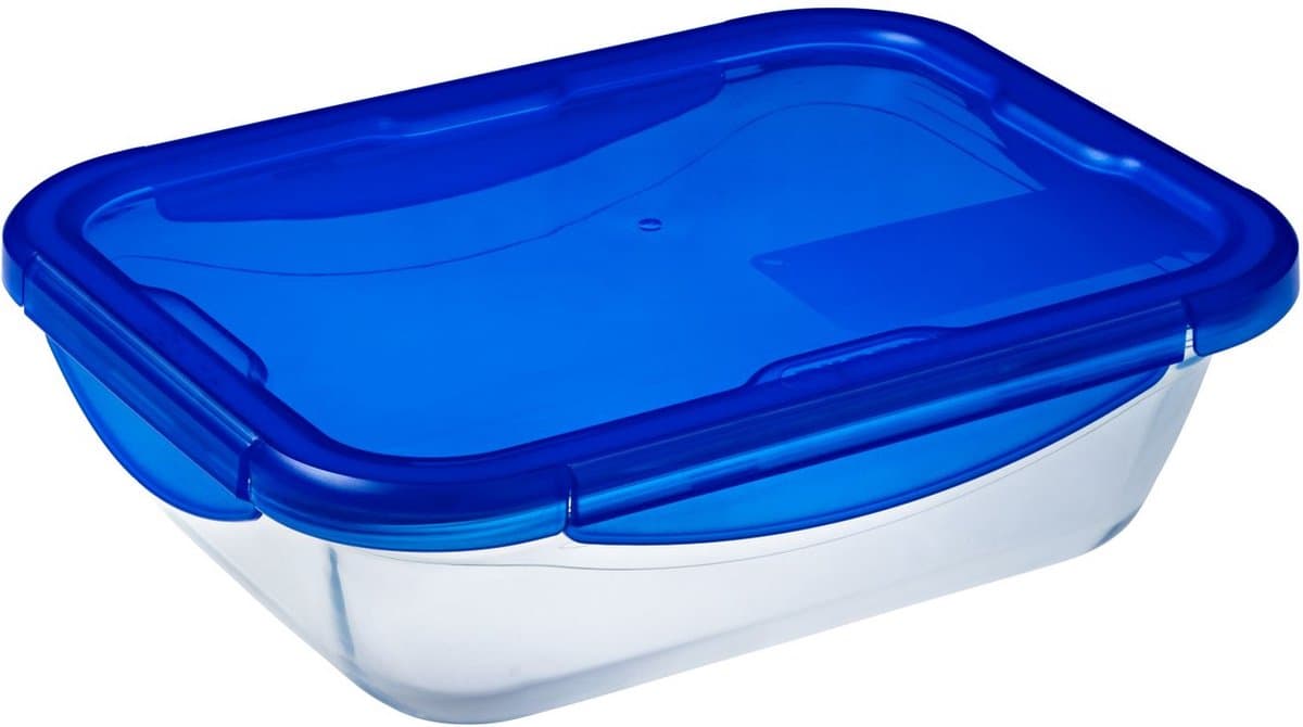 Pyrex - Cook & Go Schaal Rechthoek met Deksel 2-Delig - Transparant - Blauw - Borosilicaatglas - Polypropyleen - Siliconand