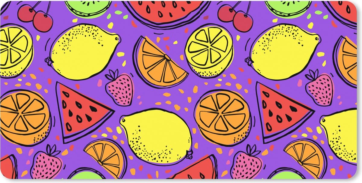 Muismat XXL 120x60 cm - Bureau onderlegger - Bureau mat Fruit - Neon - Paars - Bureaumat - Gaming mousepad xl - Bureaulegger groot - Computer deskmat