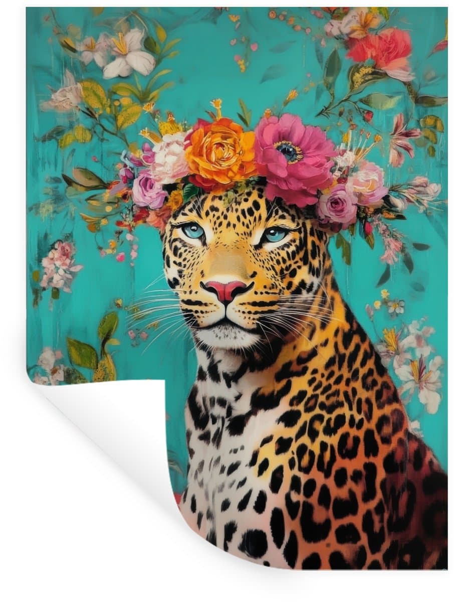 Muurstickers - Sticker Folie - Luipaard - Bloemen - Kroon - 30x40 cm - Plakfolie - Muurstickers Kinderkamer - Zelfklevend Behang - Zelfklevend behangpapier - Stickerfolie
