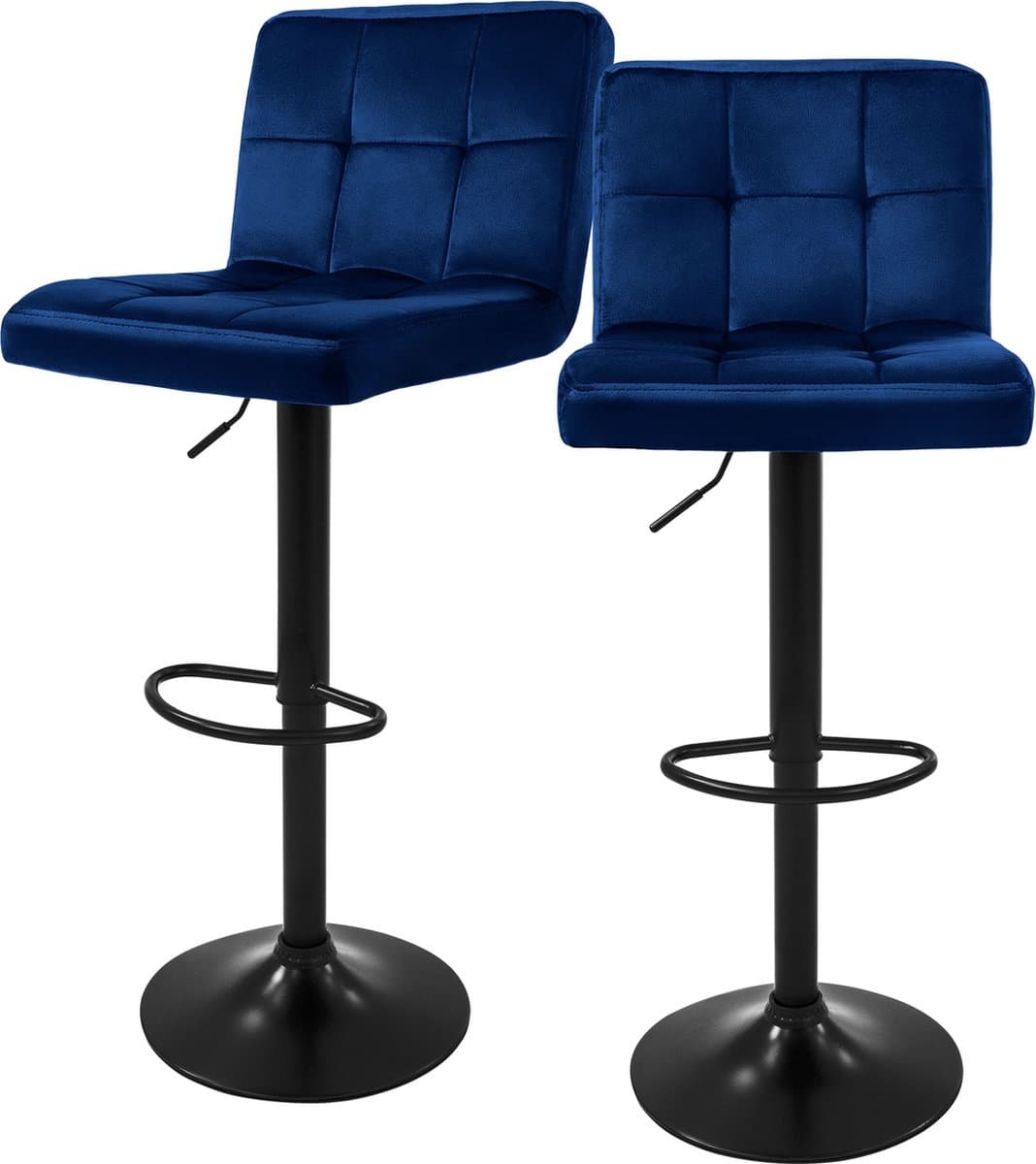 Barkruk set van 2 blauw fluwelen bekleding met rugleuning en voetensteun in hoogte verstelbaar 63-83cm ML-Design