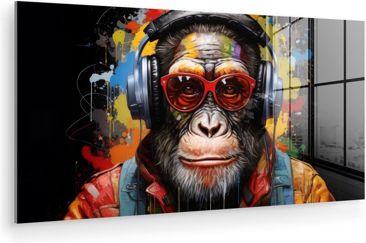 MuchoWow® Glasschilderij 120x60 cm - Schilderij acrylglas - Chimpansee - Aap - dieren - Graffiti - Bril - Koptelefoon - Kleuren - Foto op glas - Muurdecoratie woonkamer - Wanddecoratie slaapkamer - Schilderijen