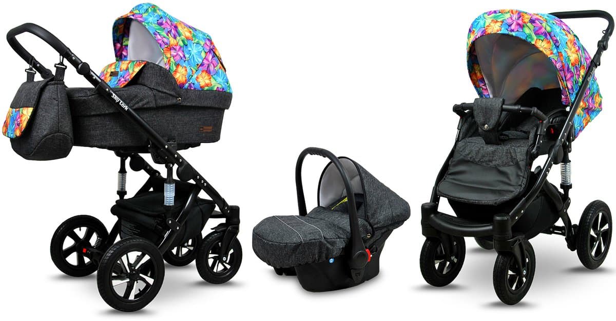 BabyLux® Kinderwagen 3in1 – SKY LARK - Paint Flowers BLACK FRAME - Opklapbare Wandelwagen incl. Reiswieg, Multifunctionele Buggy Sportstoel, Autostoel - Combi-kinderwagen met Luiertas, Regenhoes, Klamboe, Bekerhouder, etc.