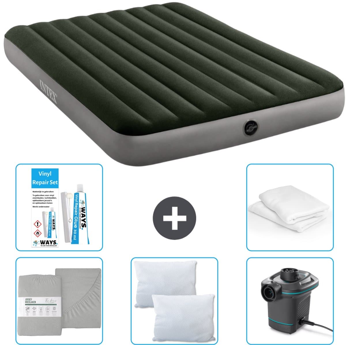Intex Luchtbed - 2-Persoons - 152 x 203 x 25 cm - Groen - Inclusief Hoeslaken - Kussen - Pomp - Reparatieset en Kussenbeschermer