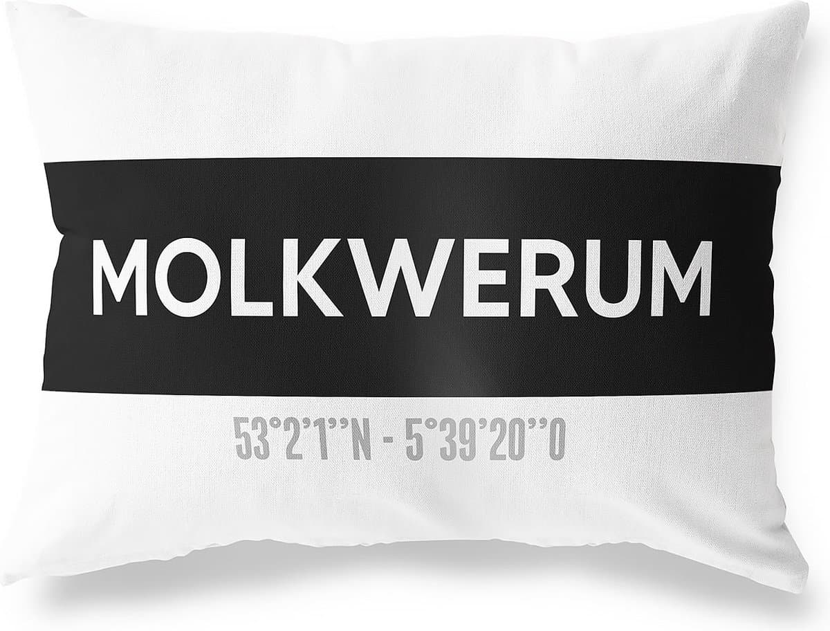 Tuinkussen MOLKWERUM - FRIESLAND met coördinaten - Buitenkussen - Bootkussen - Weerbestendig - Jouw Plaats - Studio216 - Modern - Zwart-Wit - 50x30cm