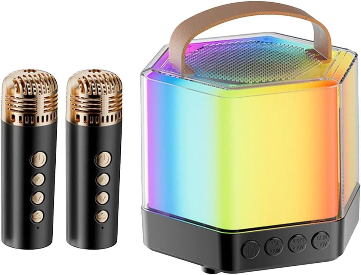 Karaoke Machine - Draagbare Speaker - Feestelijke Muziek - Met 2 Microfoons - 10.4 x 8.6 cm - Zwart