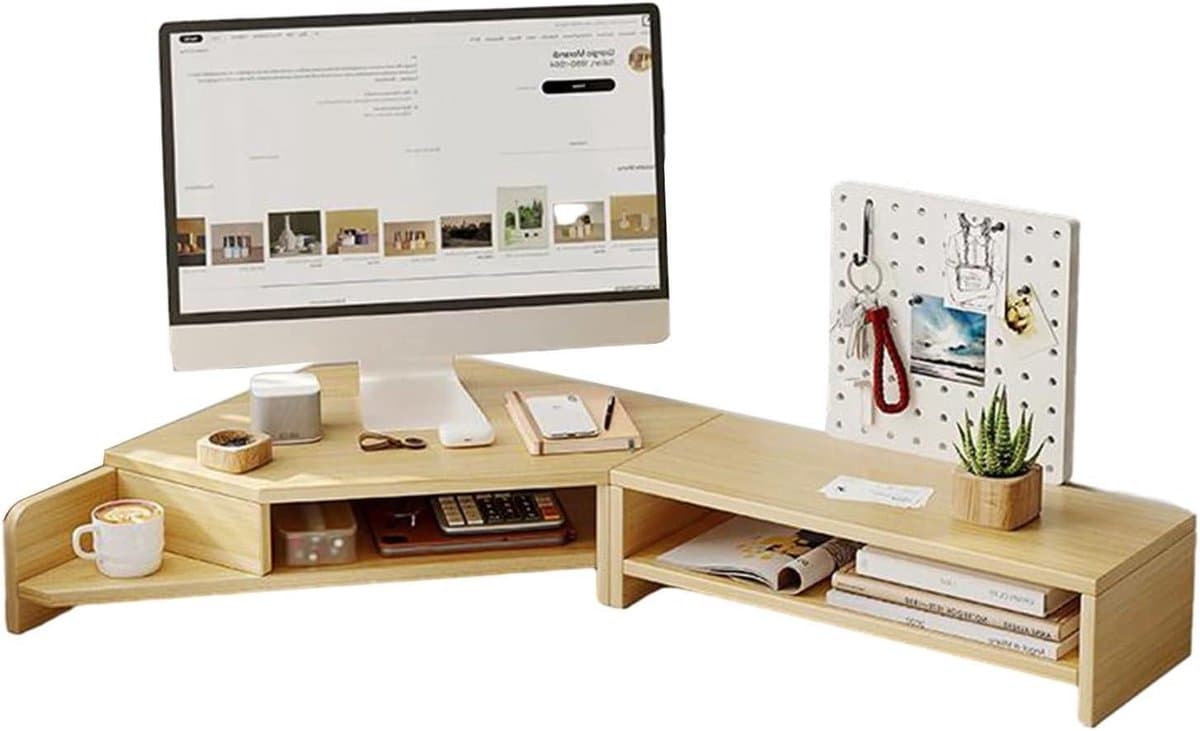 L-vormige Monitor Stand - Houten Bureau Verhoger - Werkruimte Organiseren - Driehoekig Hoekontwerp - 81 cm breed - Houtkleurig