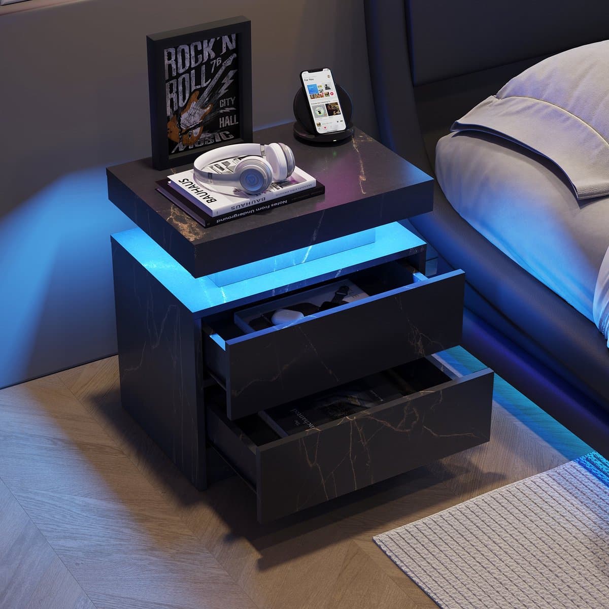 Merax Nachtkastje met LED Verlichting - Zwart-Goud Bijzettafel met 2 Lades - Moderne Bedkast voor Slaapkamer of Woonkamer