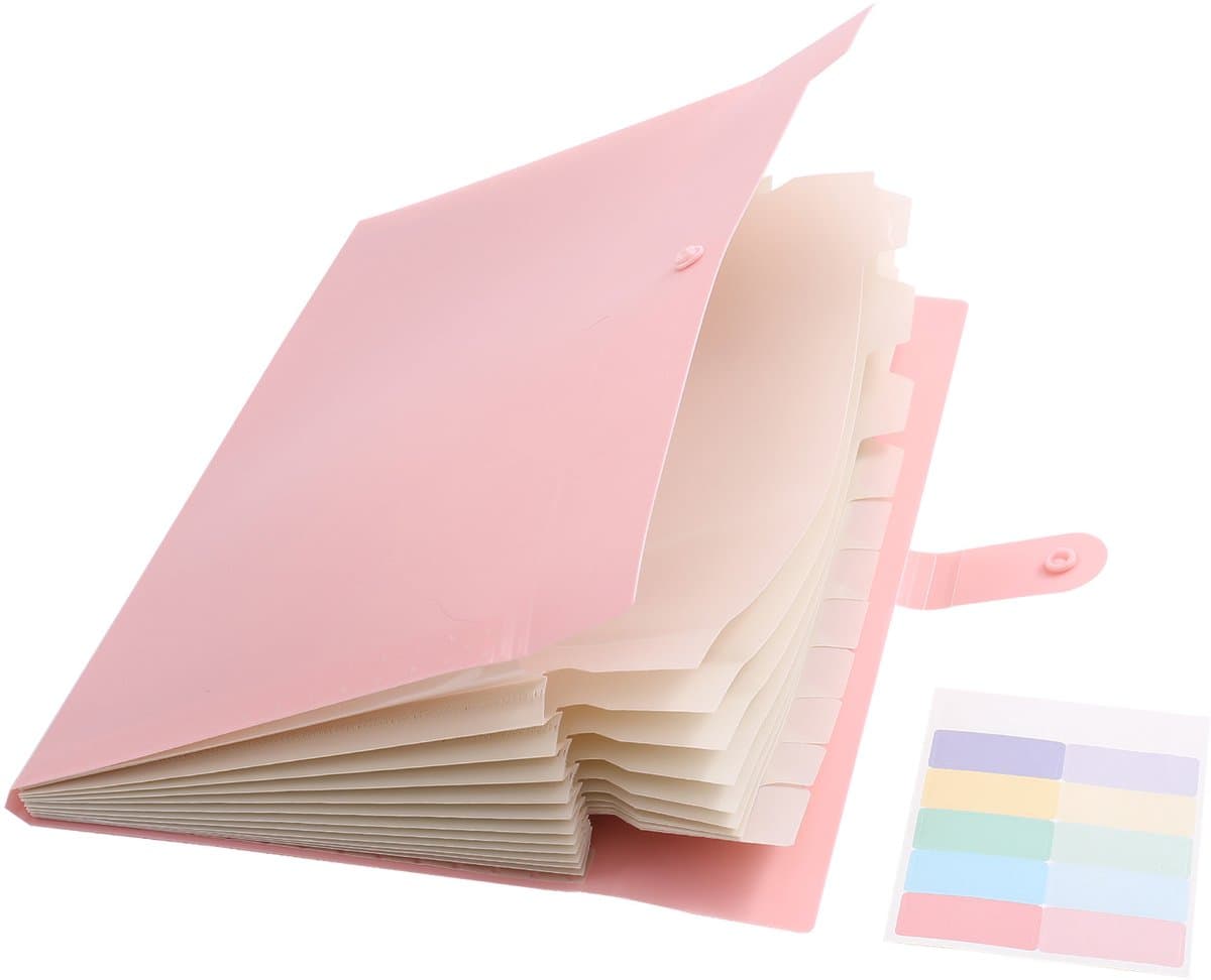 A4 macaronkleurige accordeonmap, effen kleur, 12 vakken classificatiemap, opslag van proefwerken van studenten, insteekvellen, accordeonmap, map, set van 3, roze