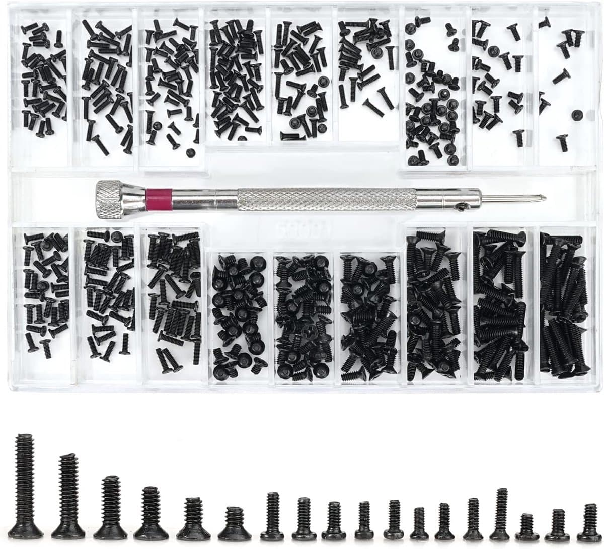 500 Stuk Eyeglass Screws - M2 Schroeven - Notebook Laptop Schroeven - 18 Maten Schroeven M 1.2 M 1.4 - RVS Schroeven met Assortimentdoos en Schroevendraaier voor Brillen - Horloges