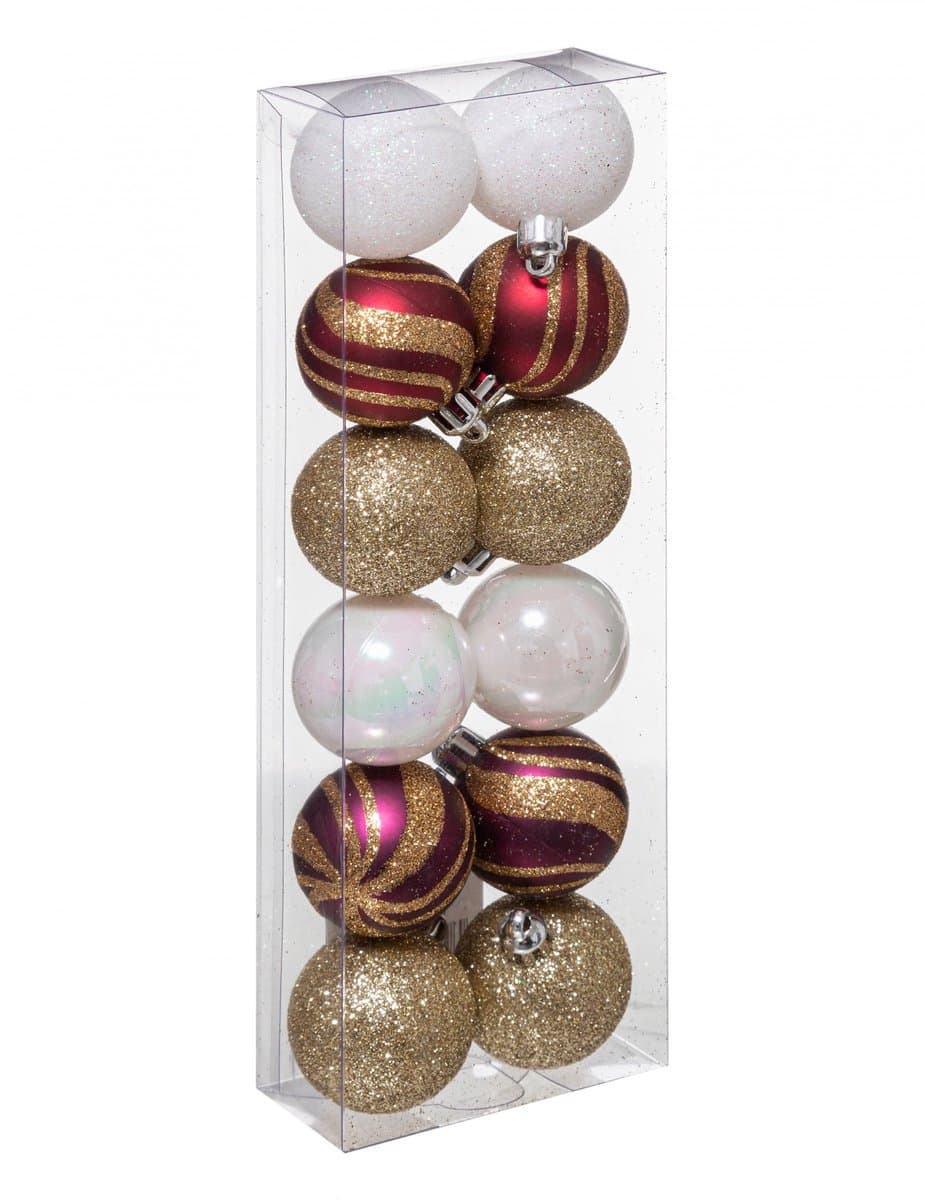 JJA - 12 mini kerstballen rood, wit en goud 4 cm glanzend en glitter