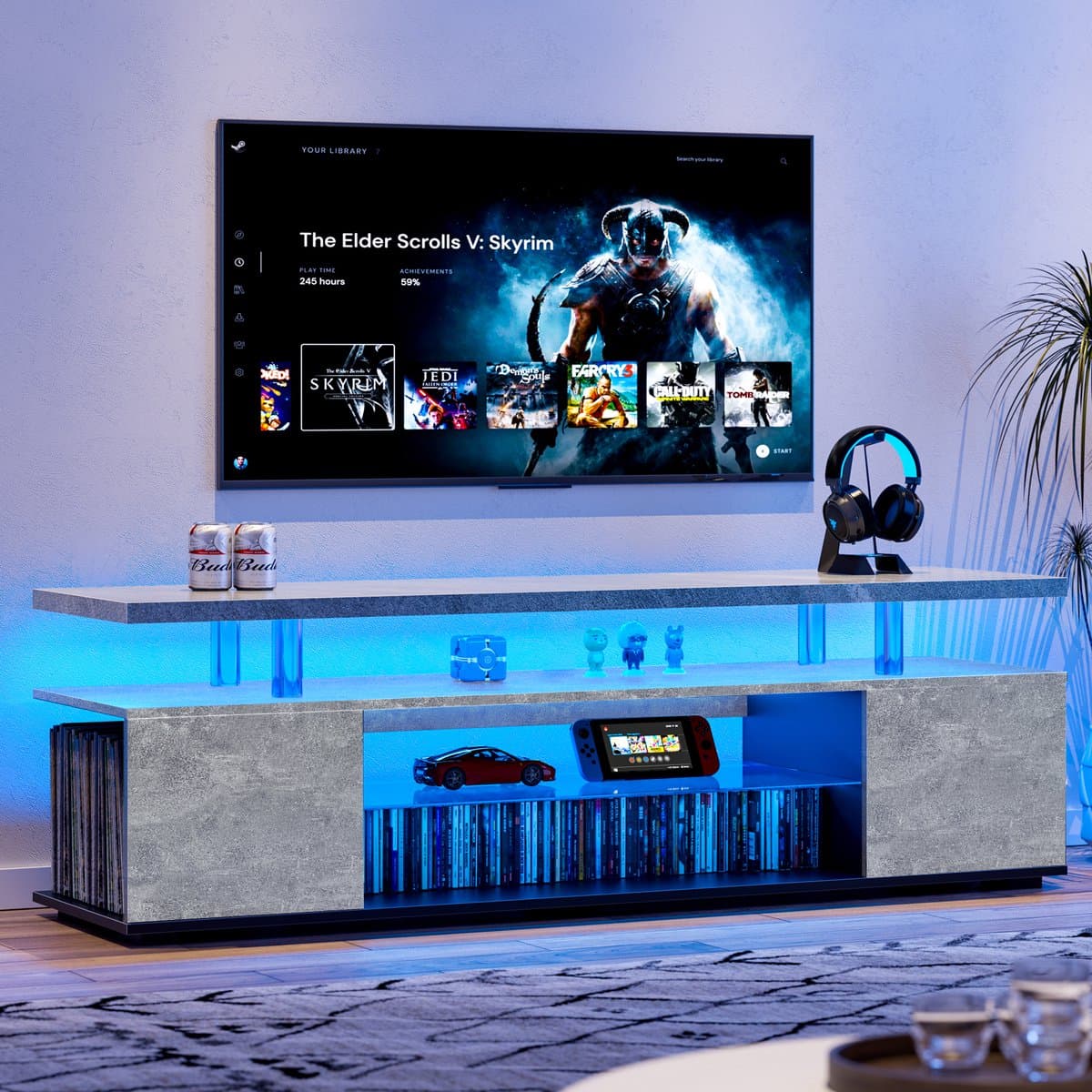 MODENUIT Tv-Meubel - Contrasterend Ontwerp Met Ledverlichting En Opbergruimte - Voor Woonkamer - Grijs Zwart