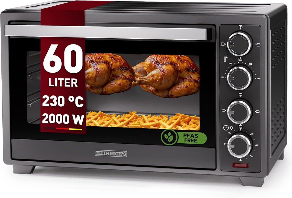 Heinrich´s HMO 8407 Oven met hete lucht - 60L – Oven met draaispit, airfryer-inzetstuk – binnenverlichting - 2000W