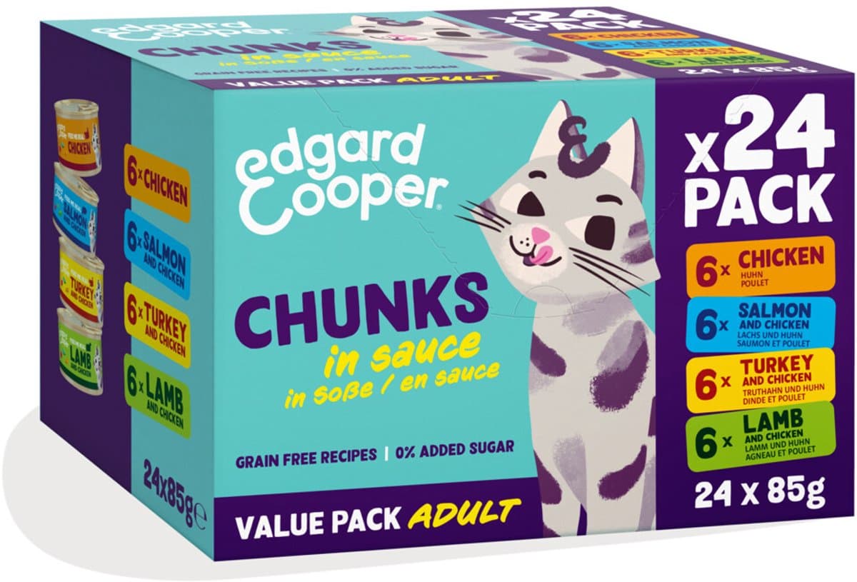 Edgard & Cooper Adult Chunks Kattenvoer Nat Kip & Zalm & Kalkoen & Lam - 24 x 85 gr