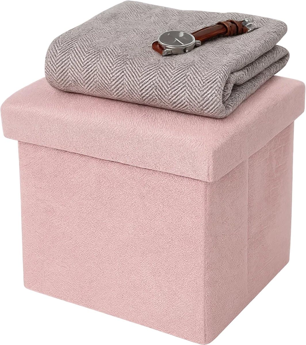 Lomera Opvouwbare Poef - Opbergpoef Roze - Hocker met Opbergruimte - Vierkante Poef - MDF Poef - Ruimtebesparend Ontwerp - Katoenen Bekleding - Poef met Deksel - Opbergoplossing - Compacte Poef - Multifunctionele Poef