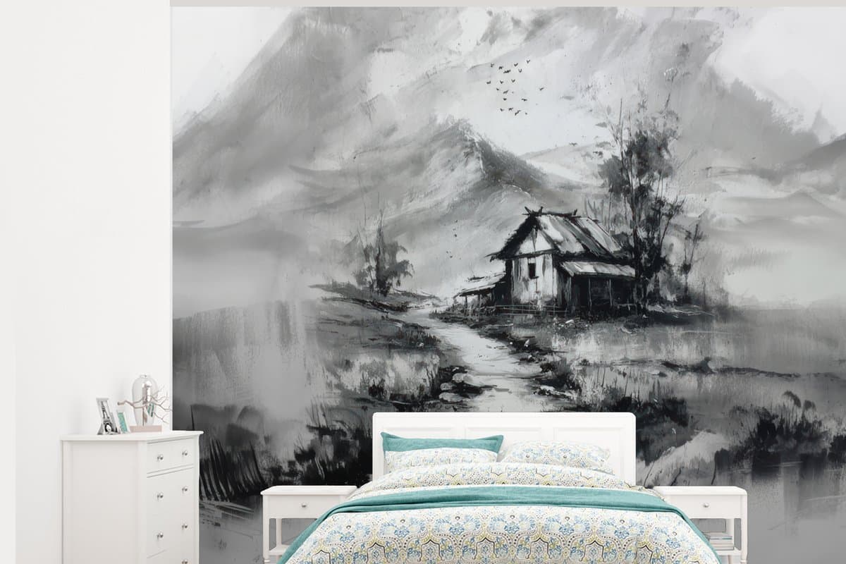 Behang - Fotobehang Hut - Grijs - Bergen - Mistig - Breedte 325 cm x hoogte 260 cm