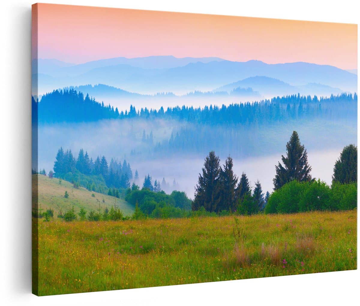 Artaza Canvas Schilderij Mistige Heuvel Landschap Met Bossen - 150x100 cm - Groot - Foto Op Canvas - Wanddecoratie Woonkamer