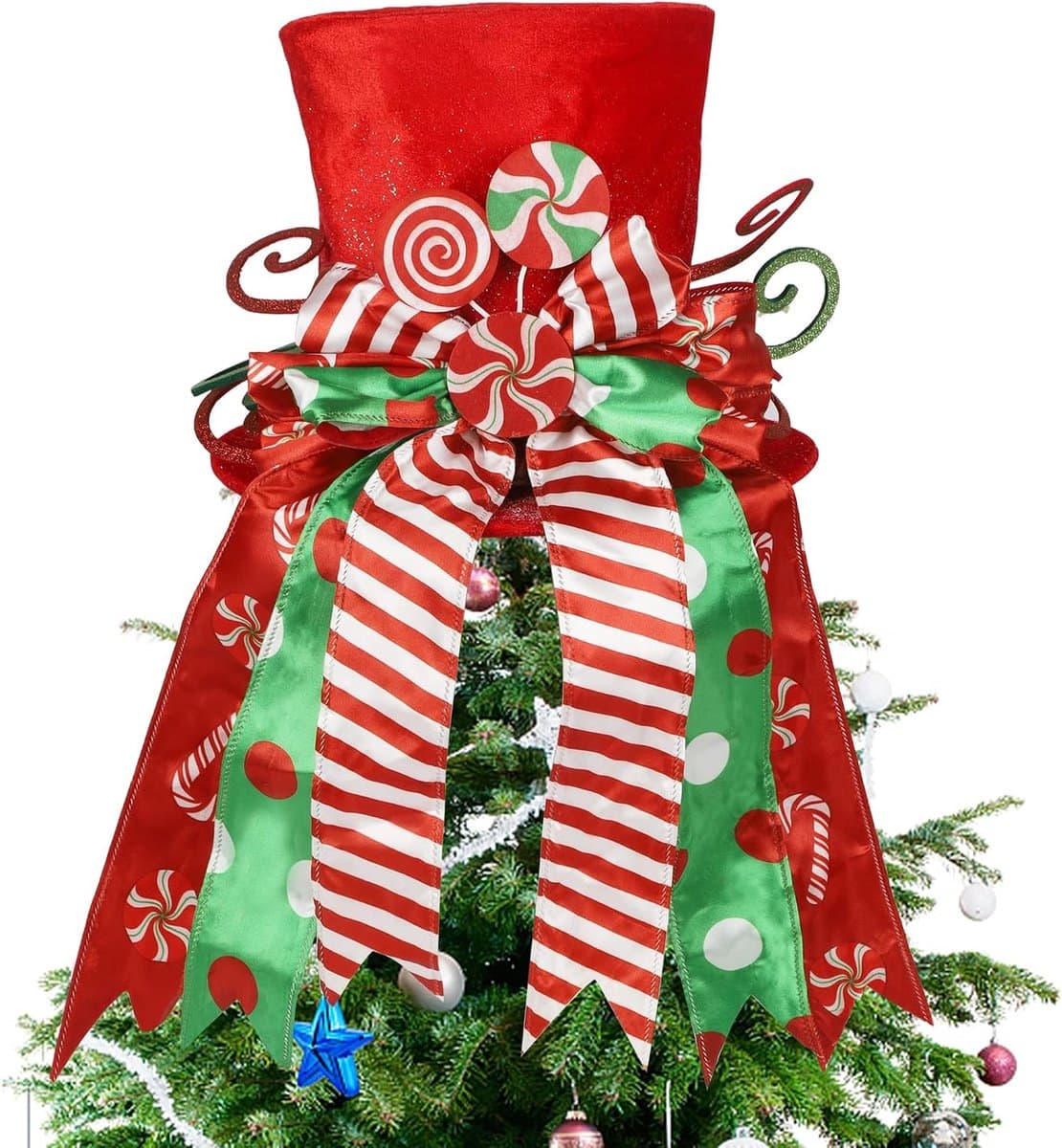 yofit Kerstboom Topper Hoed, Grote Rode Hoed met Gestreept Strik Lint & Lolly, Kerstboom Decoraties Top Hoed, Desktop Ornamenten voor Thuis Xmas Vakantie Winter Decor