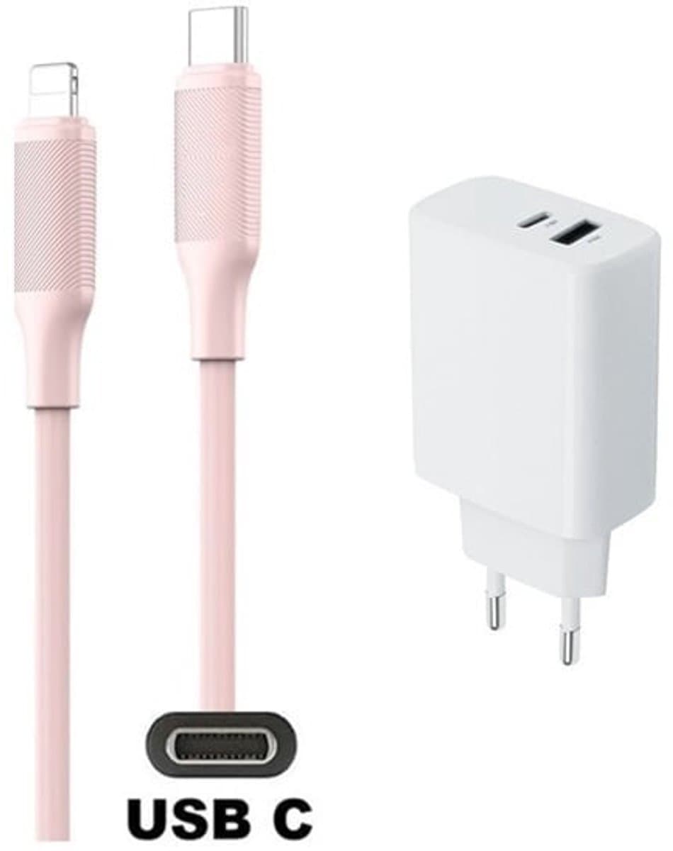 25W super snellader met 2 poorten en screenprotector + 1,0m USB C naar Lightning kabel. PD lader. Universele oplader adapter. Glazen screenprotector past op Apple iPhone 14 Pro