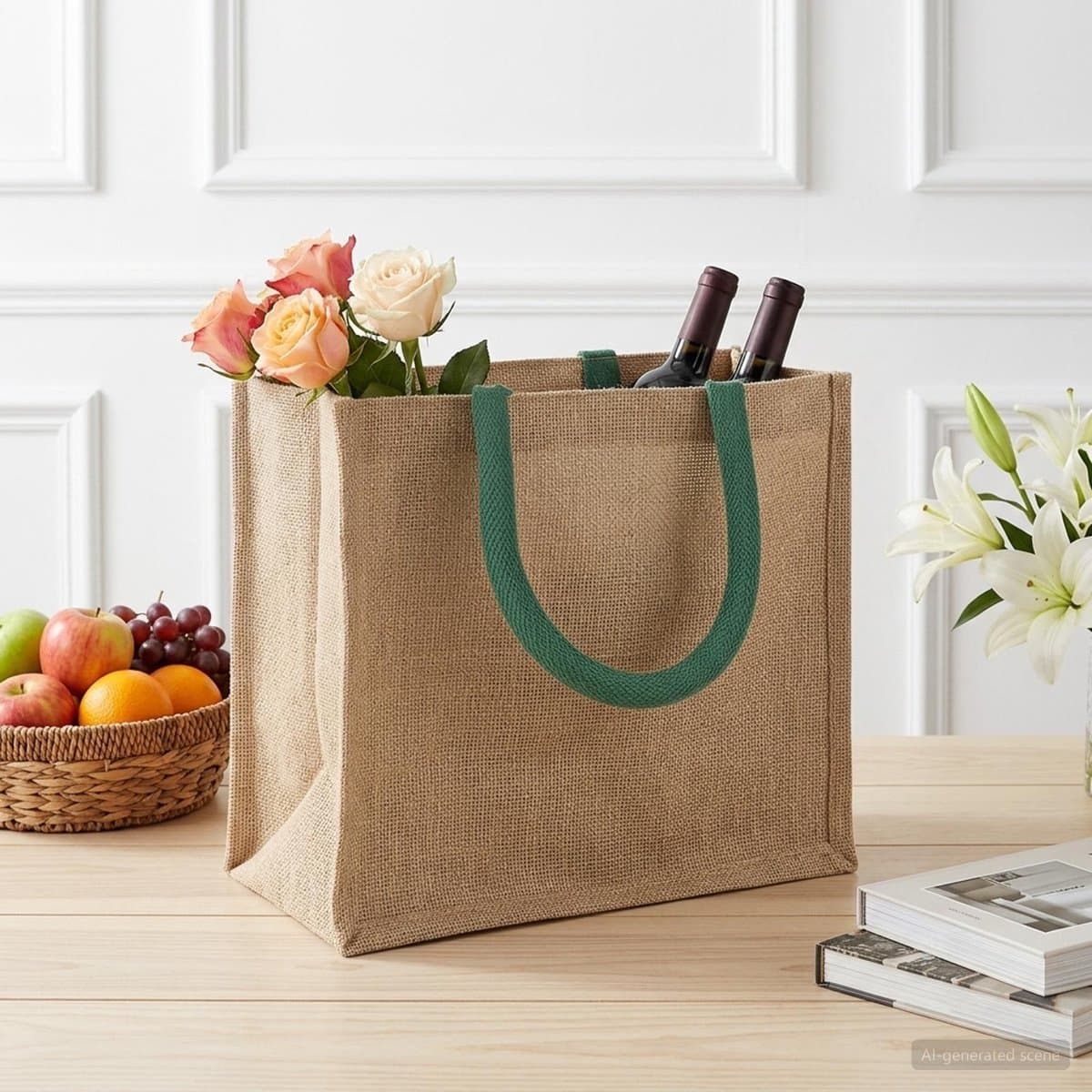 vidaXL - Jute - Handtassen - 10 - Natuurlijk - en - Groen - 26 - x - 22 - x - 14 - cm