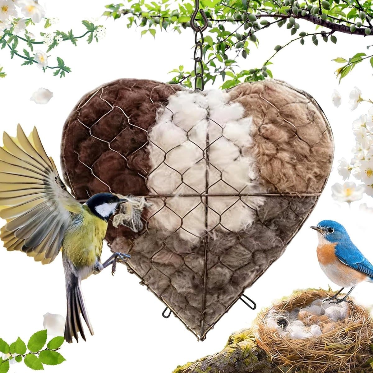 Handgemaakt Hartvormig Vogelnest van Alpacawol, Navulbare Schuilplaats voor Tuinvogels, Weerbestendig Nestmateriaal voor Vogelhuisjes en Terrasdecoratie