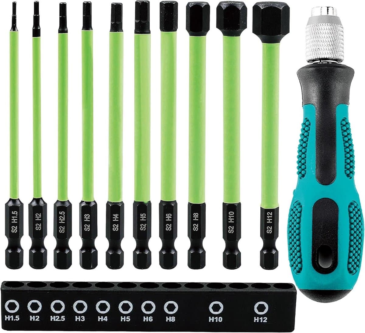 Langwerpige Hex Sleutel Bit Set 100 mm voor Accuschroevendraaier - 10 Magnetische S2 Impact Bits van 1.5 tot 12 mm voor Precisiewerk en Klusprojecten