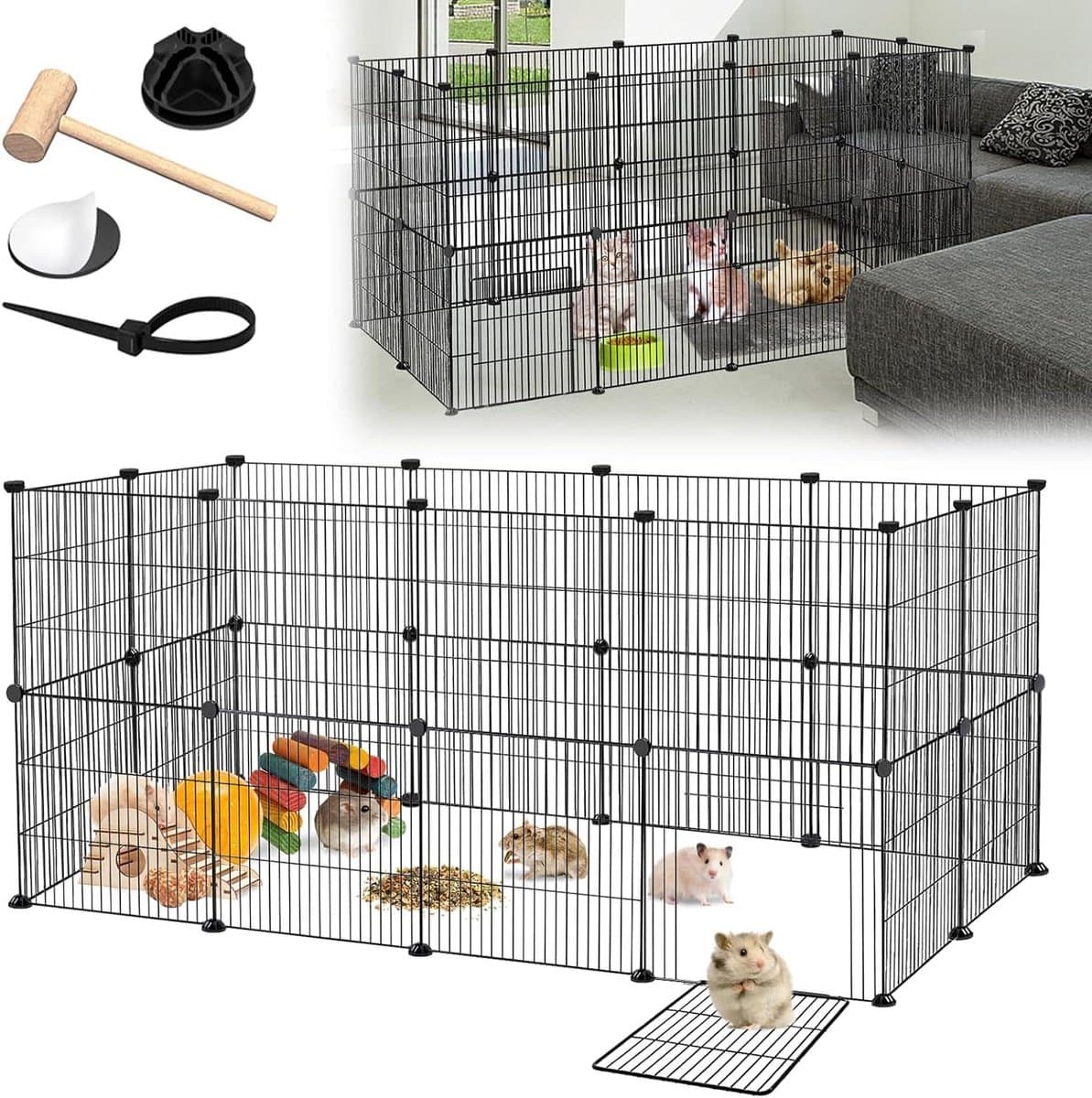 Dierenverblijf - Konijnenhok Buitenren - Kleine Dieren - Modulair Ontwerp - 142x72x72cm - Zwart