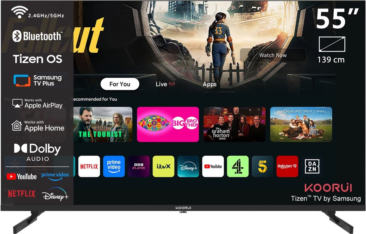 KOORUI K55Q1UQ-T8, 55 inch, 4K QLED, TIZEN TV, Randloos ontwerp, Dynamisch geluid met Dolby Audio, Top-end metalen afwerking