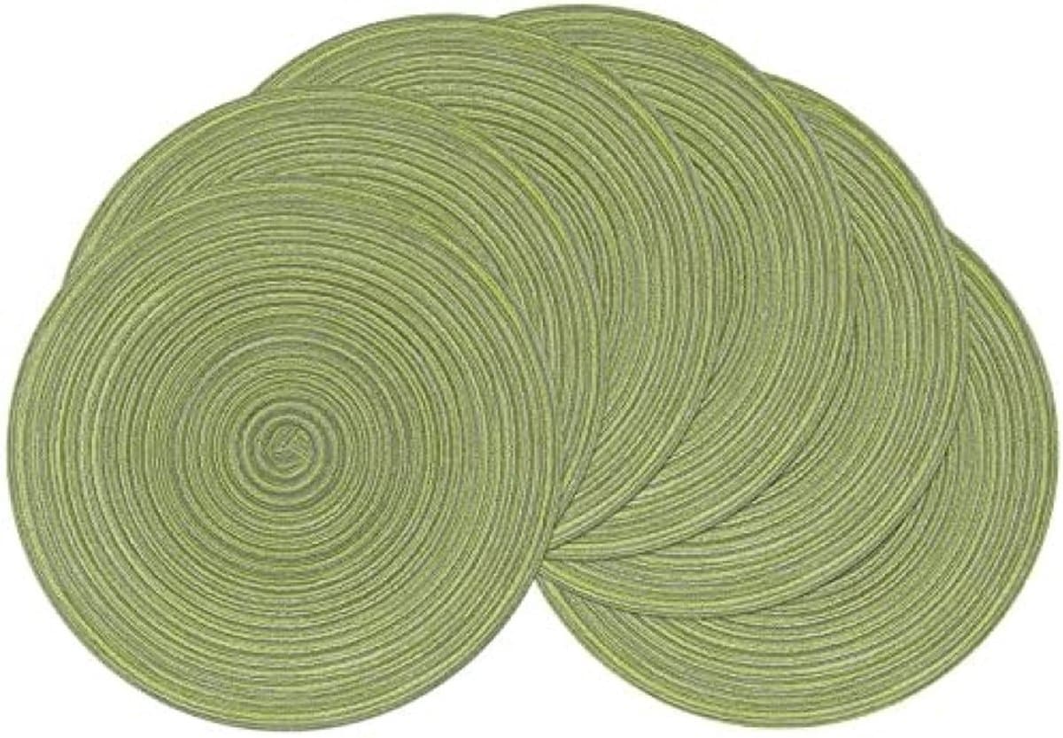 Set van 6 placemats, katoen, rond, gevlochten placemats, afwasbaar, grijs, rond, wasbaar, hittebestendig, voor bruiloft, feest, keuken, decoratie, 38 cm (Groen)