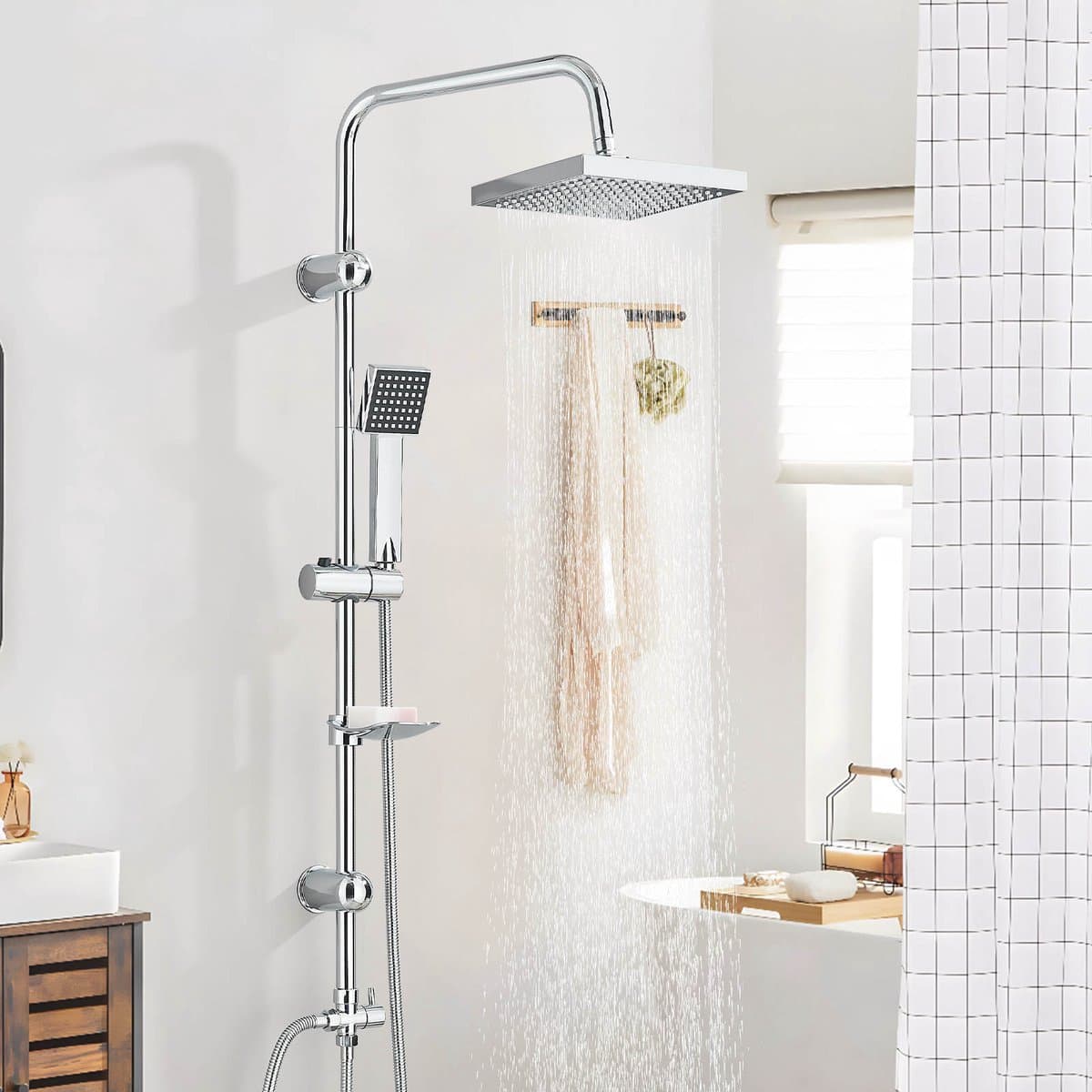 Complete doucheset vierkant chroom, douchekolom 100cm met regendouche hoofddouche 20cm en handdouche, muurgemonteerd badkamer douchesysteem