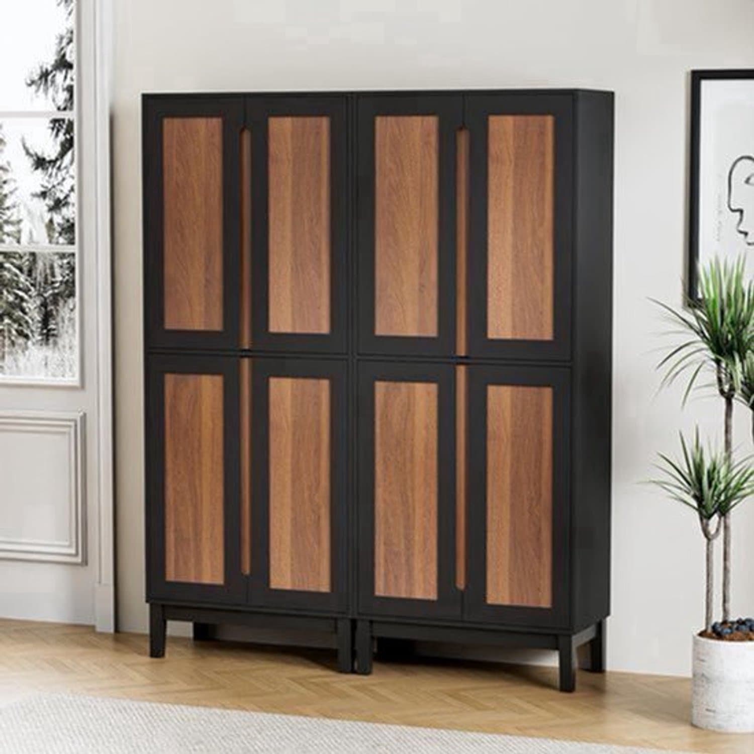 Hoge Kast – Opbergkast – Woonkamerkast – Keukenkast – Dressoir – Zwart-Bruin Tweekleurig – 4 Deuren Met Verstelbare Planken – Compact 60x30x150 cm