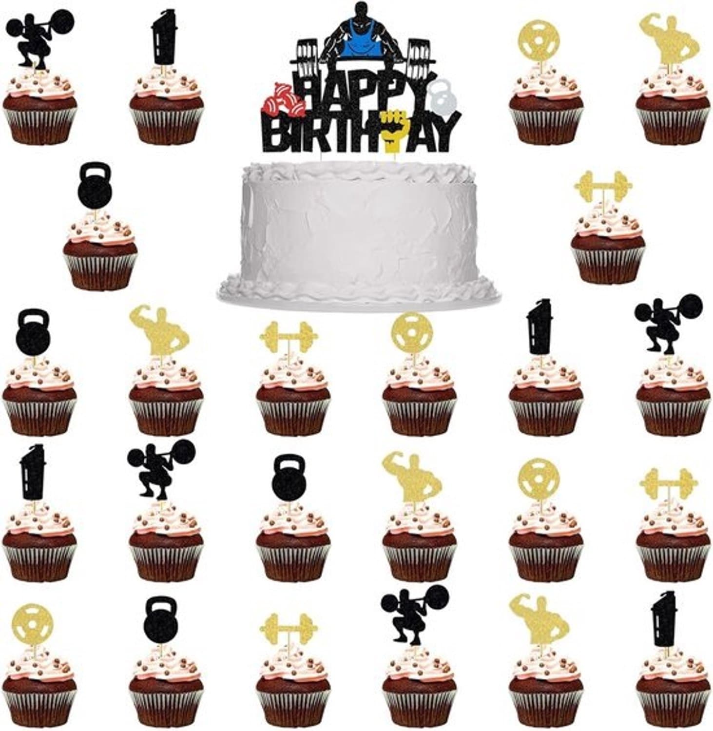 25-delige set fitness-cupcaketoppers - Taartdecoratie - Gym-, dumbbell- en powerlifterthema