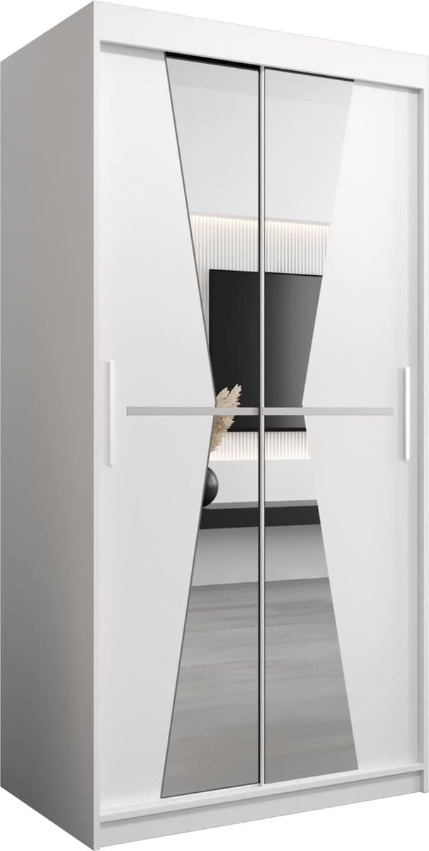 InspireMe - Kledingkast met 2 schuifdeuren, Modern-stijl, Een kledingkast met planken en een spiegel (BxHxD): 100x200x62 - TOTO 100 Wit Mat met 2 lades