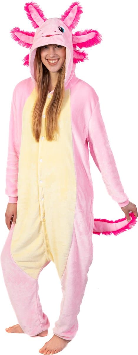 KIMU® Onesie Axolotl Pak - Maat S-M of 158-164 - Salamander Vis Kostuum Roze Pak - Water Monster Jumpsuit Pyjama Huispak Dames Heren Festival