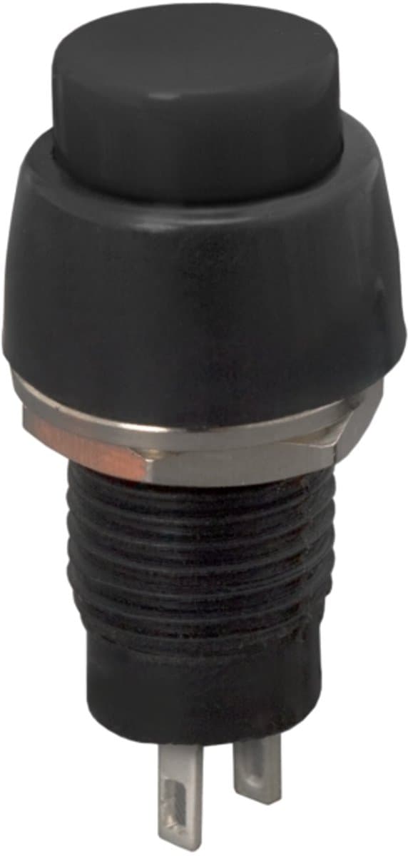 5x Inbouw Drukknop Schakelaar SPST OFF-ON - Push Button 250VAC 2A - Enkelpolige Aan-Uit Schakelaar Voor Bedieningspanelen - Zwarte Behuizing Met Zwarte Knop - Inbouwmaat M10x1 - Inbouwdiepte 19,3mm - Verkoopeenheid 5 Stuks [09068FK]