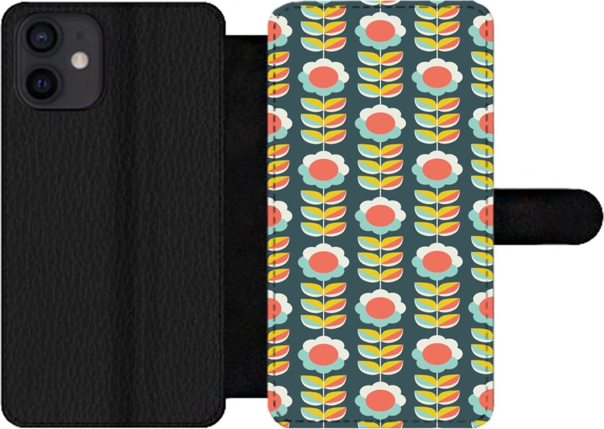 Telefoonhoesje Geschikt voor iPhone 12 telefoonhoesje - Retro - Bloemen - Scandinavisch - Met vakjes - Wallet case met magneetsluiting