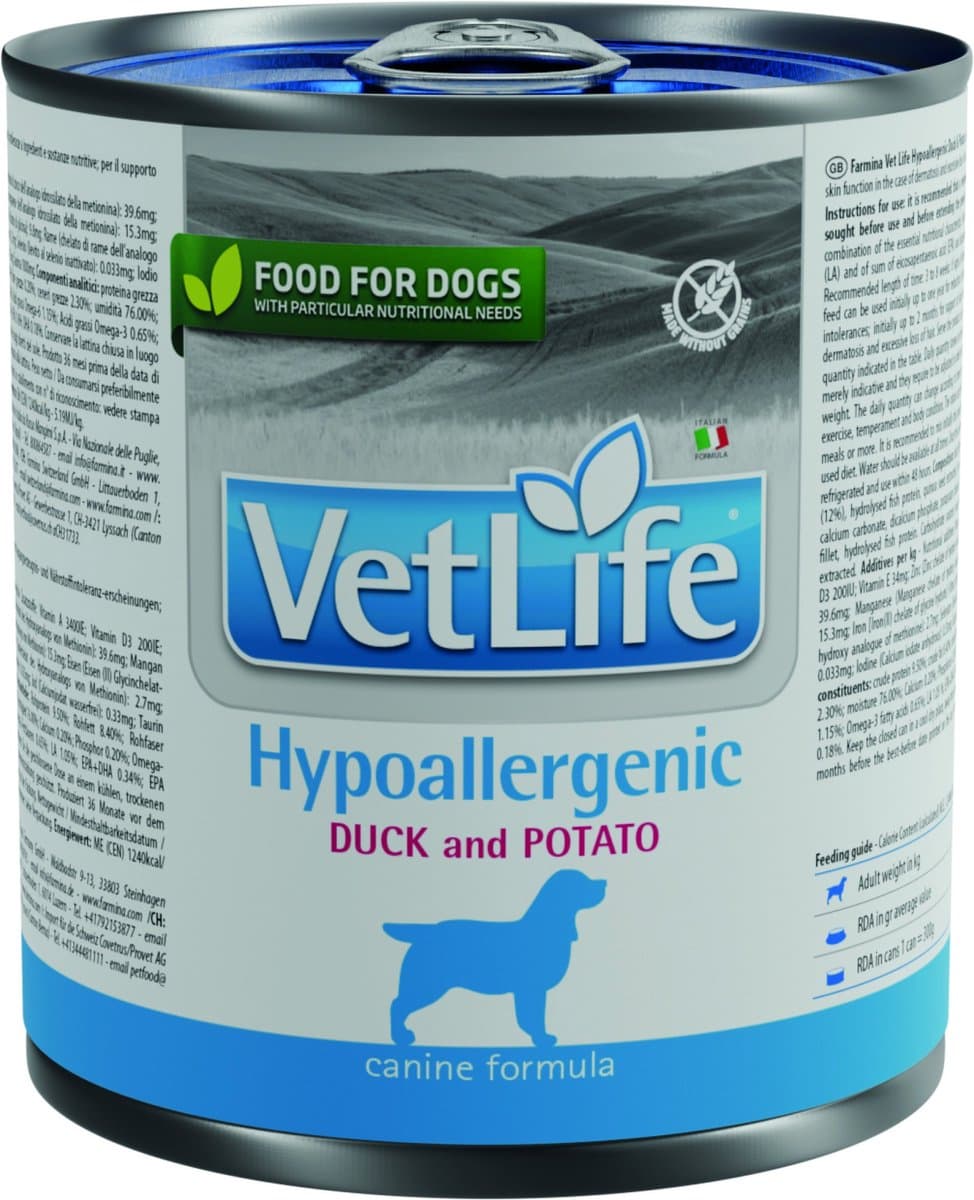 Vet Life natvoeding voor de hond Hypoallergenic Eend met Aardappel 300 gr. - per 6 stuks
