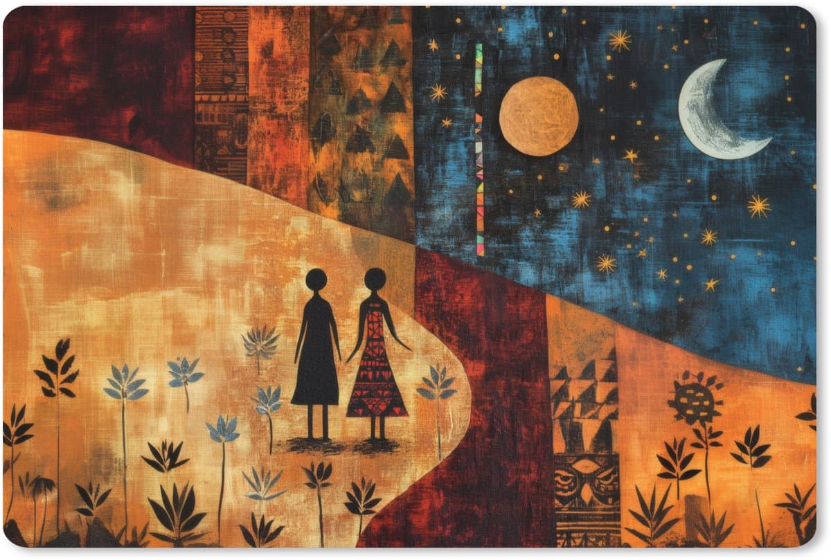 Muismat XXL 120x80 cm - Bureau onderlegger - Bureau mat Silhouetten - Abstract - Zon - Maan - Bureaumat - Gaming mousepad xl - Bureaulegger groot - Computer deskmat