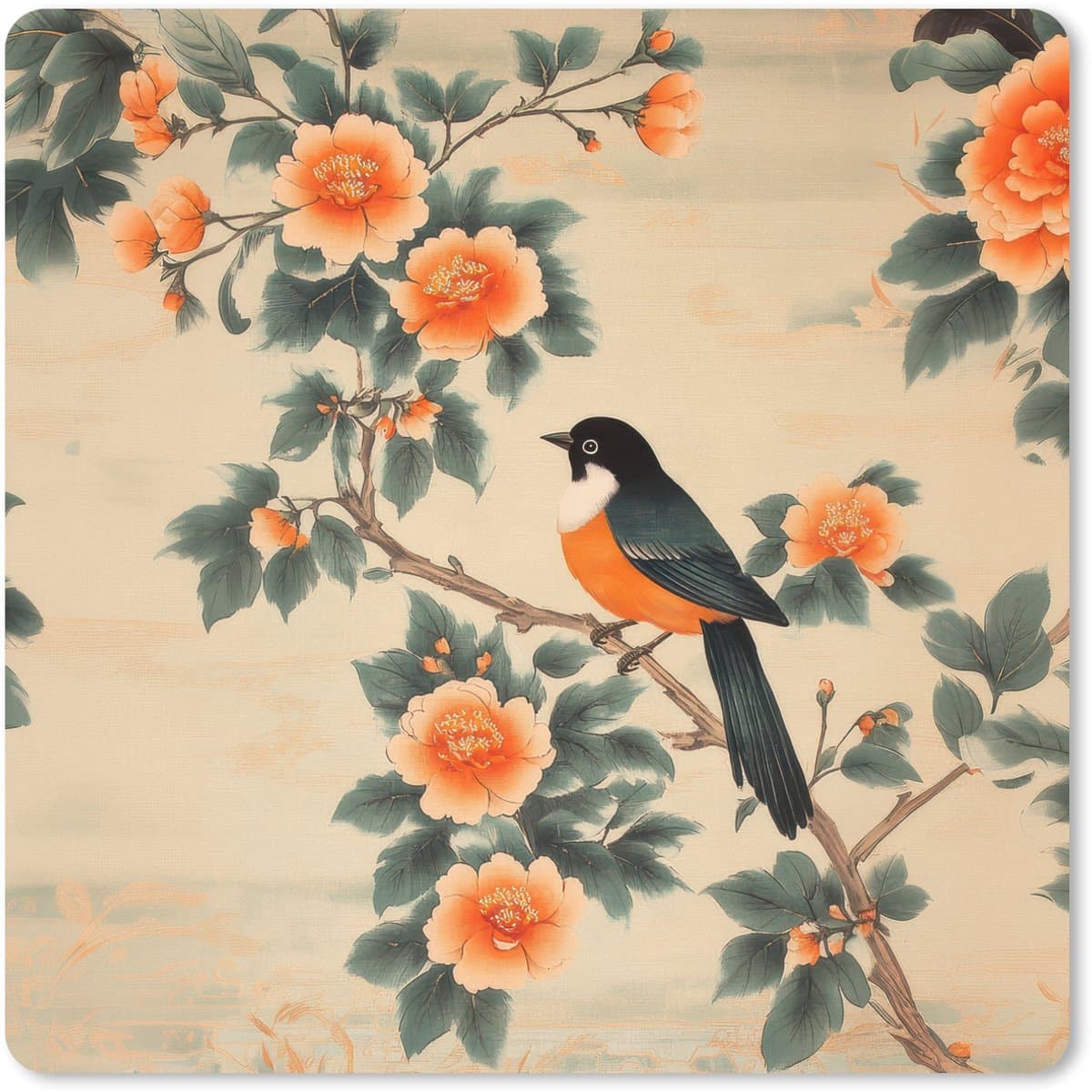 Muismat XXL 60x60 cm - Bureau onderlegger - Bureau mat Vogel - Tak - Bloemen - Oranje - Bureaumat - Gaming mousepad xl - Bureaulegger groot - Computer deskmat