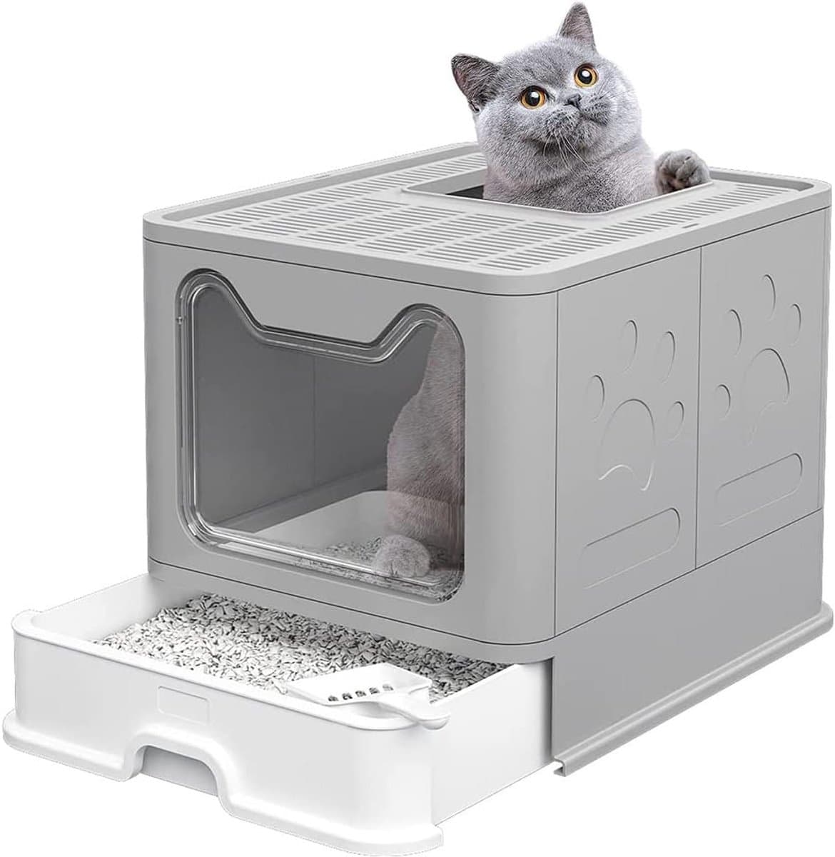 Kattenbak met Deksel - Klapbare Bak - Hygiënisch Huisdier - Lade & Zeef - 51 cm Hoog - Grijs