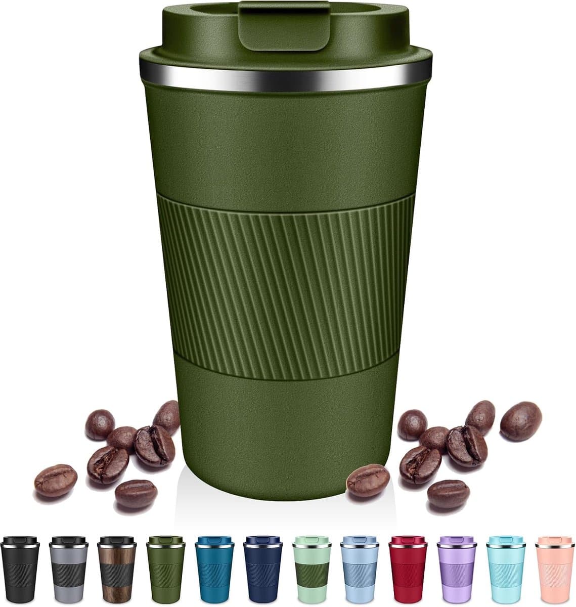 OLOEY Geïsoleerde koffiemok van 510 ml met klapdeksel-roestvrijstalen reismok-lekvrije vacuümisolatie-herbruikbaar-houdt dranken warm of koud-geschikt voor koffie en thee-groen