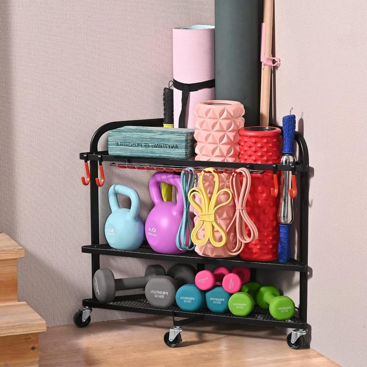 Yogamat Opbergrek - Home Gym Organizer - Sportapparatuur Opslag - Met Wielen en Haken - Ruimtebesparend Ontwerp