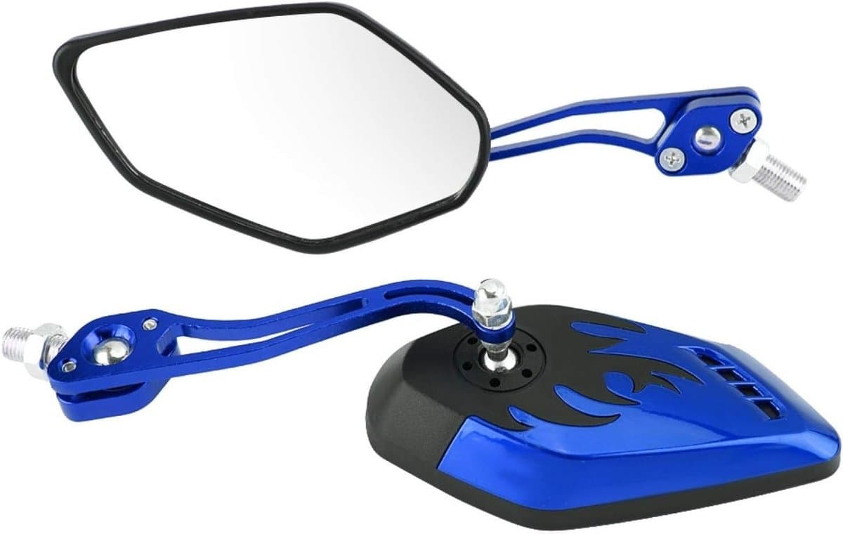 Zijspiegels voor Scooter en Motorfiets, Aluminium met Vlampatroon, Universeel Geschikt voor M8 en M10, Blauw