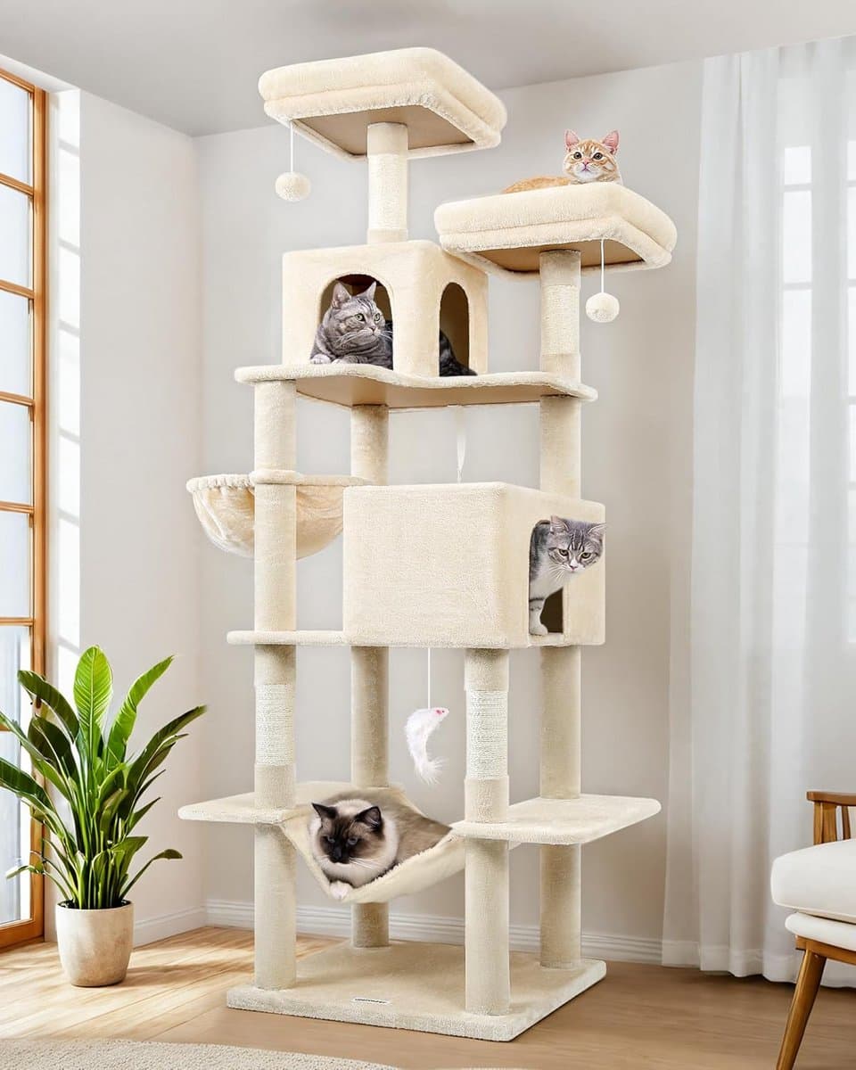 Grote Beige Krabpaal XXL met Huisjes, Mand en Hangmat - Hoogte 195 cm