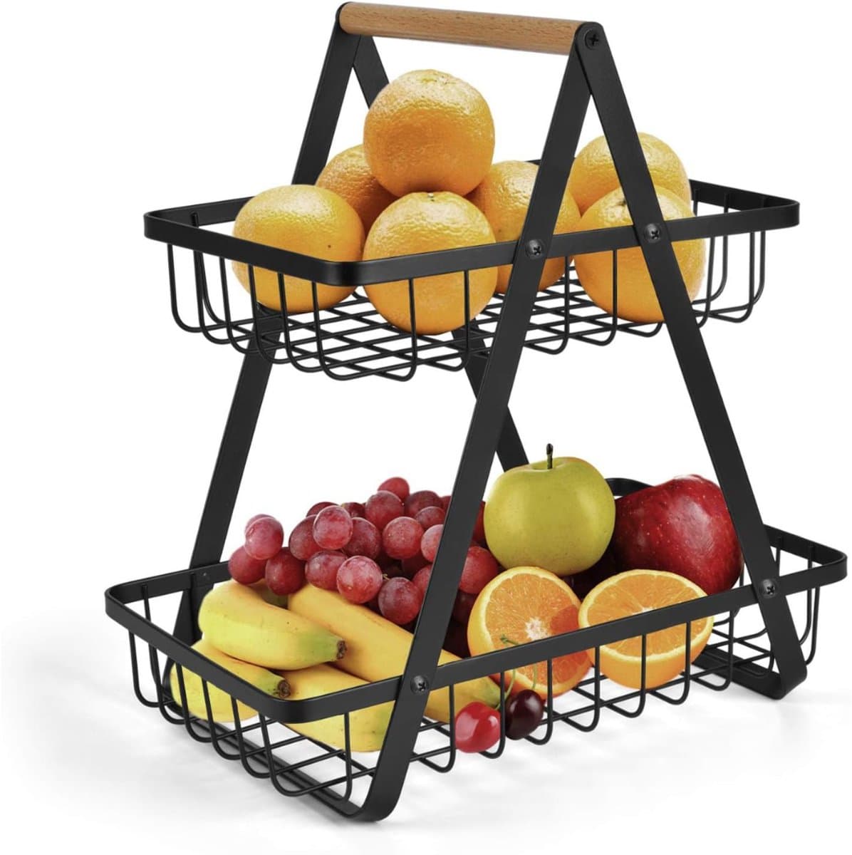 Zyrex® Fruit etagere - Fruitmand 2 Laags - Fruitschaal - Bamboe Hout en Metaal - Zwart- ‎24 x 30 x 30 cm