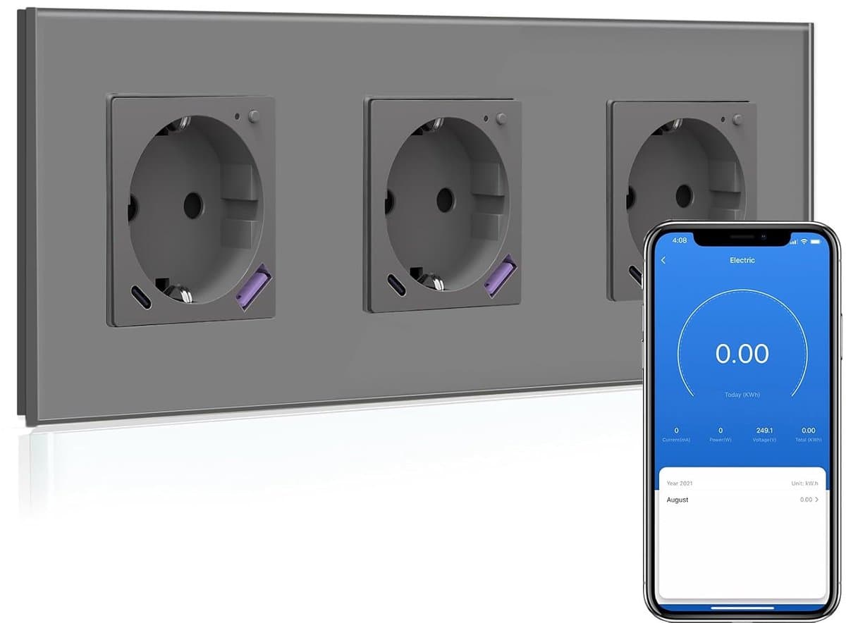 Slim Stopcontact - WIFI Wandcontactdoos - Thuisgebruik - Met Energiemeter - 228mm - Grijs
