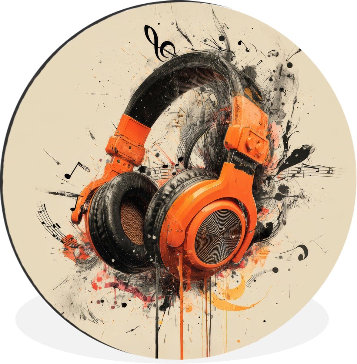 WallCircle - Wandcirkel - Muurcirkel - Koptelefoon - Oranje - Explosief - Aluminium - Dibond - 120x120 cm - Binnen en Buiten XXL