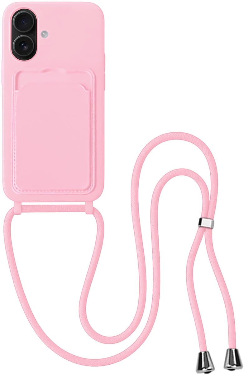 Hoes Geschikt voor iPhone 16 Hoesje Pas Houder Case Hoes Met Koord - Hoesje Geschikt voor iPhone 16 Hoes Met Telefoonkoord Pasjeshouder Cover - Lichtroze