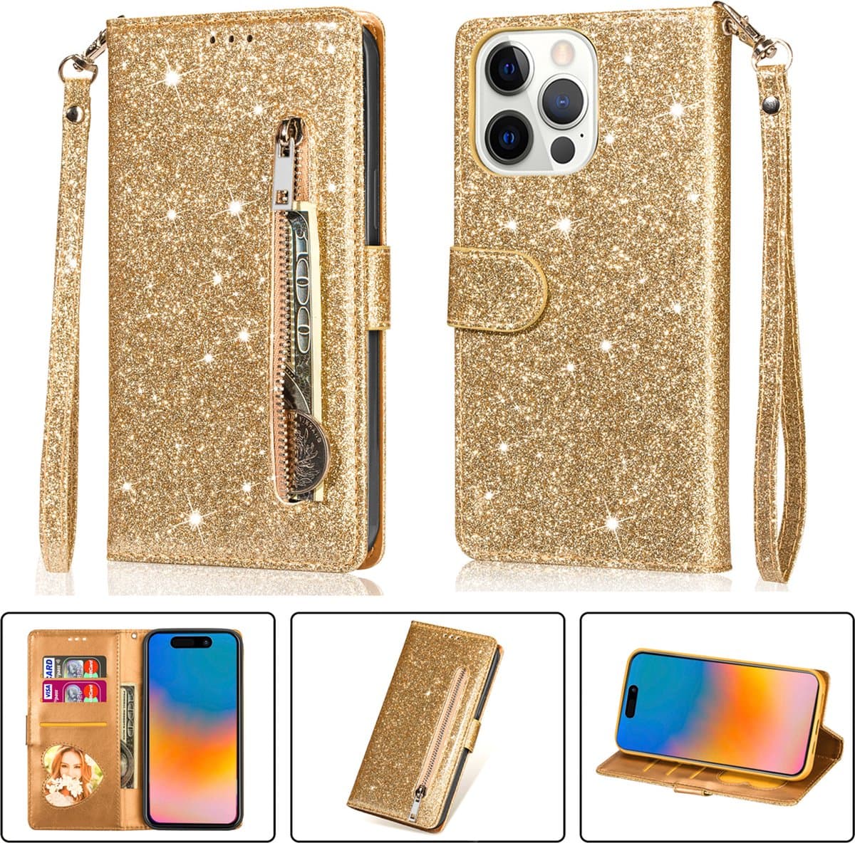 Glitter Telefoonhoesje geschikt voor Apple iPhone 15 Pro - Hoogwaardig PU Leren iPhone 15 Pro Hoesje - Goud